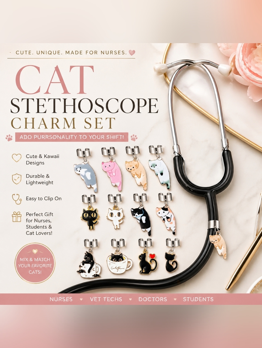 Cute Cat Stethoscope Charm Set Nurse Accessory Badge Kawaii